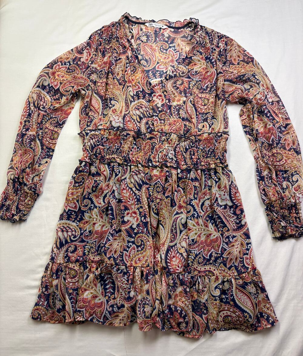Zara Paisley Print Long Sleeve Smocked Waist Mini Dress Plus Size XXL